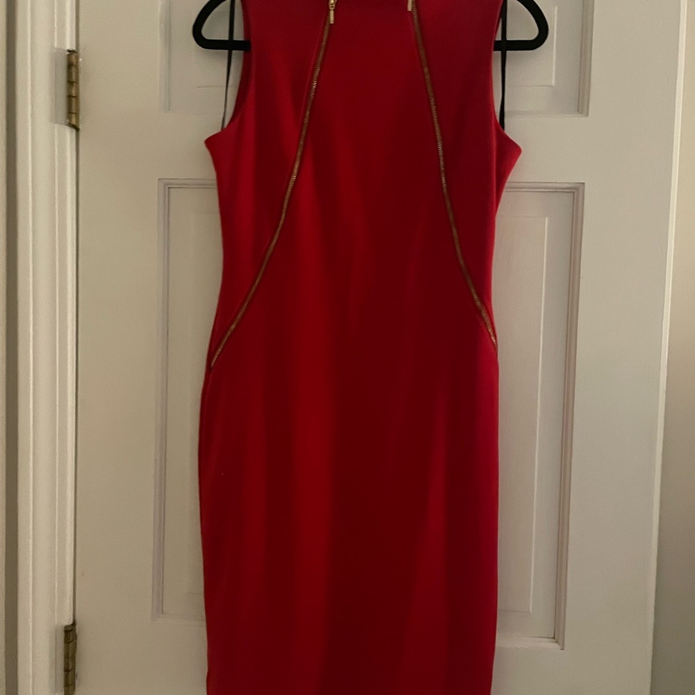 Calvin Klein Red Midi Dress with Gold Accents